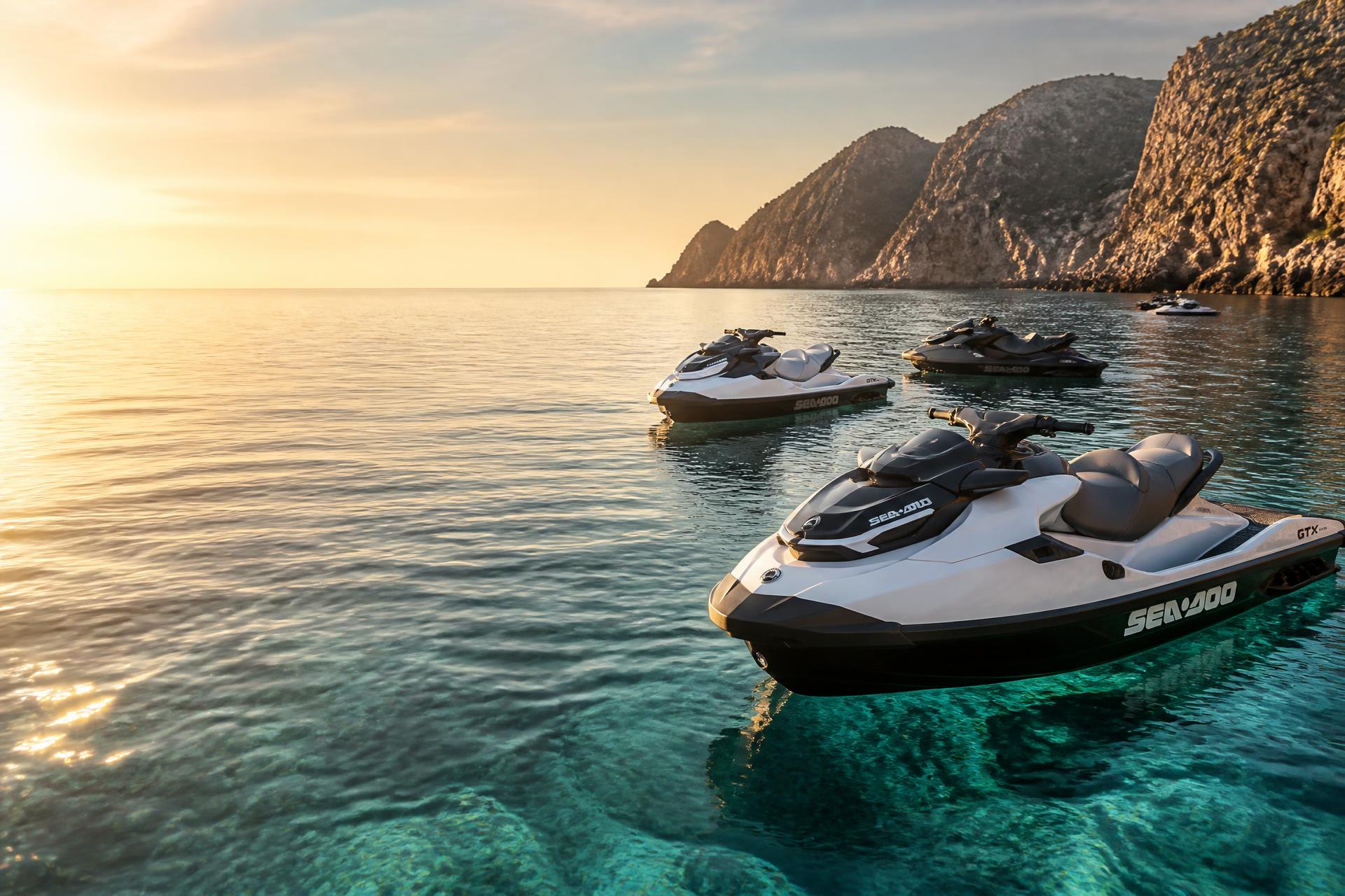 Deep Mediterranean water with a premium personal watercraft marketplace atmosphere